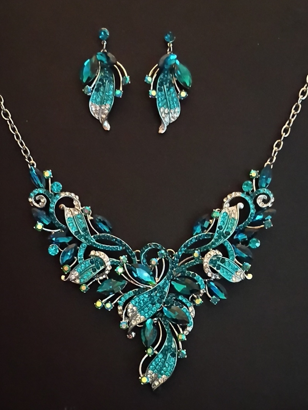 Teal Crystal Statement Necklace & Earring Set - Women Jewelry